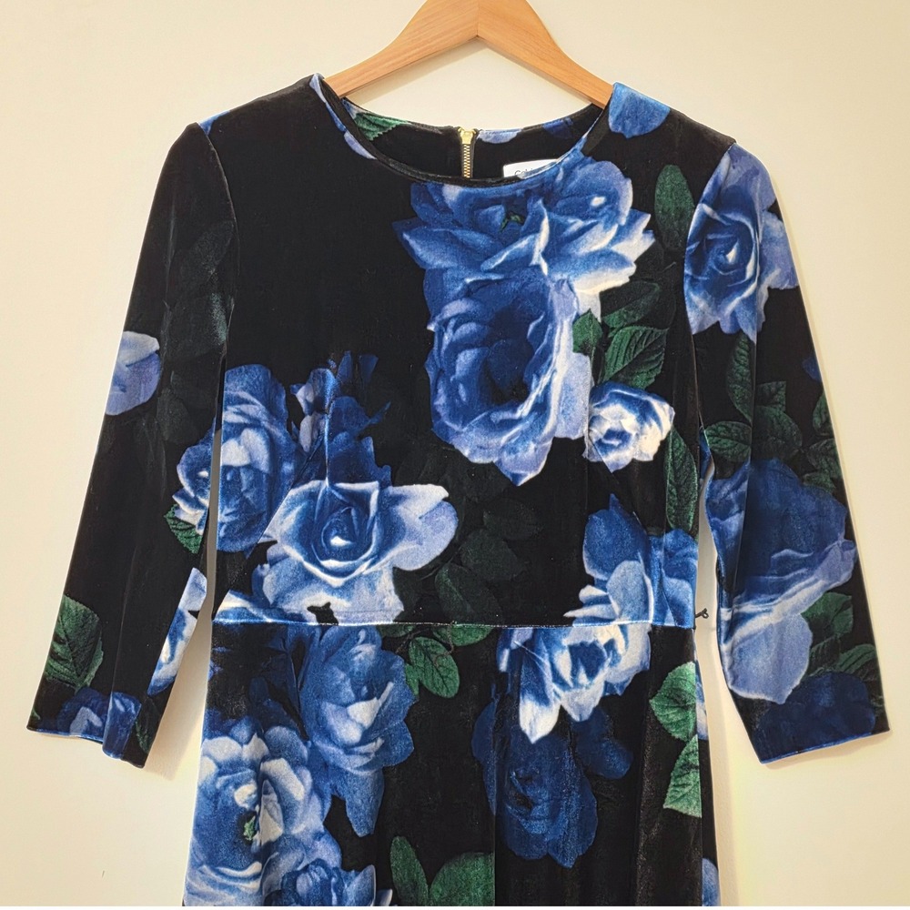 Calvin Klein Dark Floral Velvet Midi Dress Sz 10 Blue Rose Office‎ Evening - Picture 3 of 15